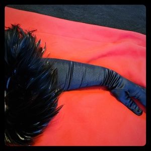 Peacock blue oprea length feathered gloves